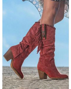 Red Round Toe Chunky Tassel Vintage Mid-Calf Western Boots
