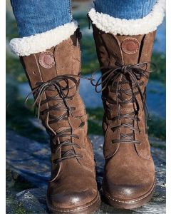 Khaki Round Toe Chunky Lace-up Fashion Mid-Calf Snow Boots