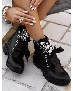 Black Round Toe Chunky Lace-up Pearl Fashion Ankle Boots