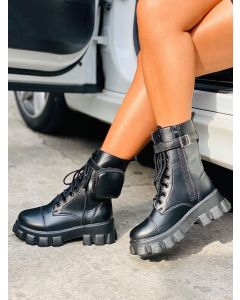 Black Round Toe Chunky Zipper Lace-up Bag Fashion Ankle Biker Boots