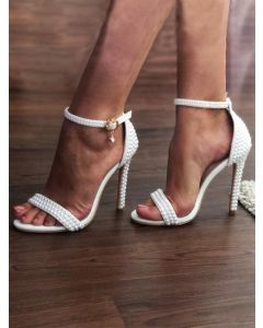 White Round Toe Stiletto Buckle Strap Pearl Sweet Wedding Sandals