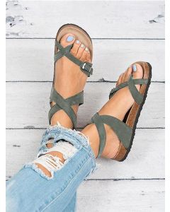 Army Green Round Toe Wedges Buckle Strap Fashion Sandals