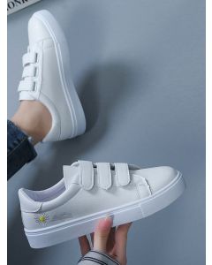 White Round Toe Flat Velcro Embroidery Casual Sneakers