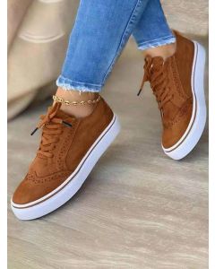 Brown Round Toe Lace-up Casual Flat Shoes