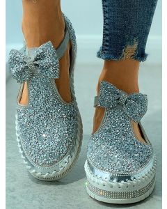 Silver Round Toe Wedges Buckle Rhinestone Bow Fashion Ankle Sandals