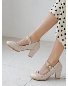 Beige Round Toe Chunky Buckle Strap Lace Sweet Mary Jane Shoes