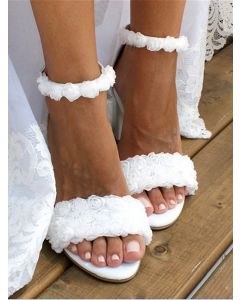 White Round Toe Chunky Flowers Buckle Strap Sweet High-Heeled Sandals