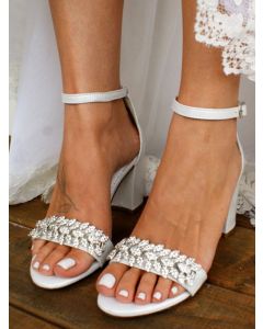White Round Toe Chunky Buckle Strap Rhinestone Elegant Wedding Heels