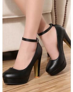 Black Round Toe Chunky Buckle Strap Elegant High Heels
