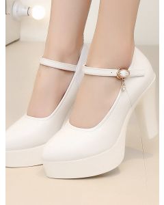 White Round Toe Chunky Buckle Strap Rhinestone Fashion High Heels