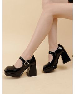 Black Square Toe Chunky Buckle Strap Vintage Mary Jane Shoes