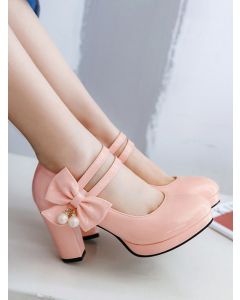 Pink Round Toe Chunky Bow Pearl Sweet High Heels