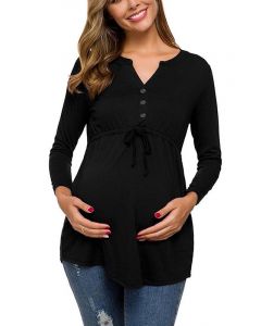 Black Buttons Drawstring Multi-Functional Breast Feeding Long Sleeve Casual Maternity Nursing T-Shirt