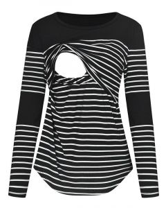 Camiseta rayada mujer premamá Y lactante multifuncional manga larga moda premamá negra