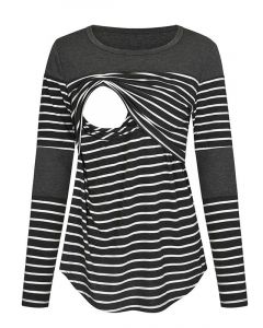 Grey Patchwork Striped Multi-Functional Breast Feeding Long Sleeve Casual Maternity Nursing T-Shirt