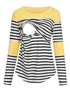 Yellow Patchwork Striped Multi-Functional Breast Feeding Long Sleeve Casual Maternity Nursing T-Shirt