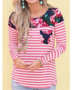Rose Carmine Patchwork Striped Flowers Pockets Multi-Functional Breast Feeding Long Sleeve Casual Maternity Nursing T-Shirt