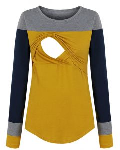 Yellow Patchwork Color Block Multi-Functional Breast Feeding Long Sleeve Casual Maternity Nursing T-Shirt