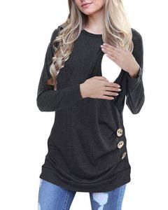 Grey Buttons Multi-Functional Breast Feeding Round Neck Long Sleeve Casual Maternity Nursing T-Shirt