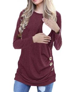 Wine Red Buttons Multi-Functional Breast Feeding Round Neck Long Sleeve Casual Maternity Nursing T-Shirt