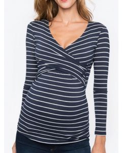 Navy Blue Striped Cross Chest Multi-Functional Breast Feeding V-neck Long Sleeve Casual Maternity Nursing T-Shirt
