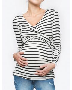 White Striped Cross Chest Multi-Functional Breast Feeding V-neck Long Sleeve Casual Maternity Nursing T-Shirt