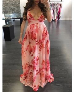 Pink Floral Condole Belt Cross Back Off Shoulder V-neck Elegant Maternity Maxi Dress