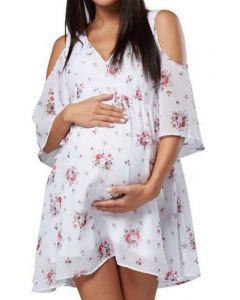 White Floral Irregular Off Shoulder V-neck Sweet Maternity Mini Dress