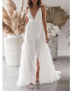 White Patchwork Lace Condole Belt Side Slit Backless V-neck Elegant Wedding Gowns Maxi Dress