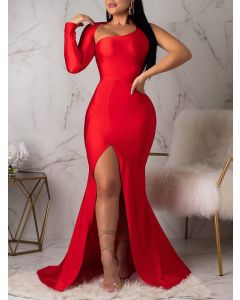 Maxi vestido abertura lateral irregular sin espalda manga larga cóctel elegante rojo