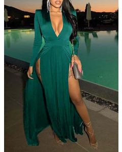 Dark Green Draped Thigh High Side Slits V-neck Long Sleeve Fashion Maxi Dress