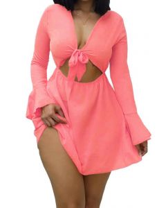 Pink Cut Out Ruffle Bow Lace-up A-Line Long Sleeve Sweet Maternity Mini Dress
