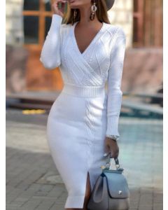 White Cross Chest Crochet Slit V-neck Long Sleeve Fashion Sweater Bodycon Midi Dress