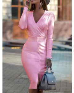 Pink Cross Chest Crochet Slit V-neck Long Sleeve Fashion Sweater Bodycon Midi Dress