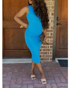 Blue Bodycon Comfy Round Neck Sleeveless Casual Maternity Midi Dress