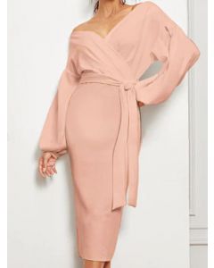Pink Cross Chest Belt Off Shoulder V-neck Long Sleeve Elegant Midi Dress