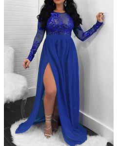 Blue Patchwork Lace Sequin Side Slit Long Sleeve Fashion Maxi Dress
