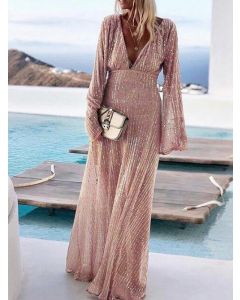 Pink Sequin Draped Long Sleeve Elegant Cocktail Party Maternity Maxi Dress