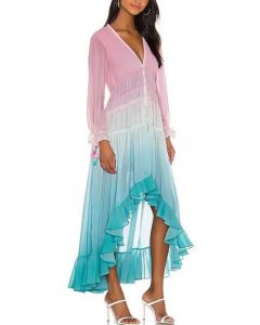 Blue Single Breasted Ruffle Gradient Color High-low V-neck Elegant Maternity Maxi Dress