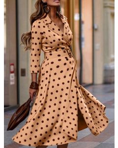 Brown Polka Dot Cross Chest Slit V-neck Three Quarter Length Sleeve Elegant Big Swing Midi Dress