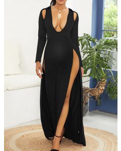 Black Irregular Draped Thigh High Side Slits V-neck Long Sleeve Elegant Big Swing Maternity Maxi Dress