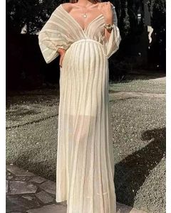 White Striped Off Shoulder V-neck Elegant Prom Evening Party Maxi Dress