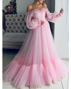 Pink Grenadine Off Shoulder Big Swing Boat Neck Elegant Wedding Gowns Maxi Dress