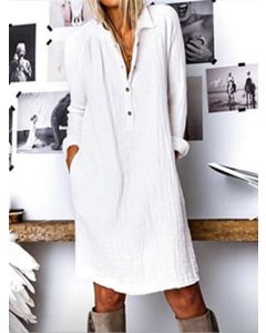 Mini robe boutons poches col rabattu manches longues décontracté blanc