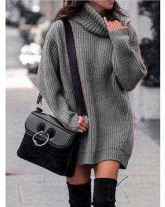Dark Grey Crochet High Neck Fashion Oversize Sweater Mini Dress