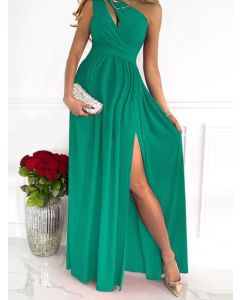 Green Cut Out Side Slit Oblique Shoulder Big Swing Sleeveless Fashion Maternity Maxi Dress