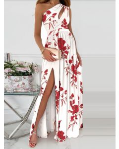 White Cut Out Side Slit Oblique Shoulder Big Swing Sleeveless Fashion Maternity Maxi Dress