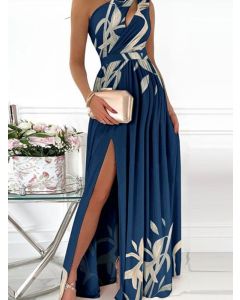 Blue Cut Out Side Slit Oblique Shoulder Big Swing Sleeveless Fashion Maternity Maxi Dress