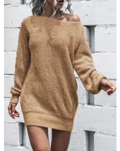 Khaki Crochet Off Shoulder Long Sleeve Fashion Plus Size Sweater Mini Dress