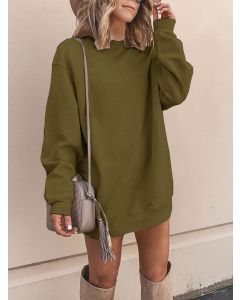 Army Green Round Neck Long Sleeve Casual Mini Sweatshirt Dress